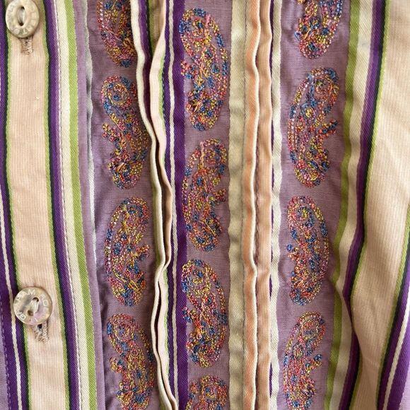 Robert Graham Womens Embroidered Button Up Top Size M Flip Cuff Pleated Striped - Picture 5 of 14